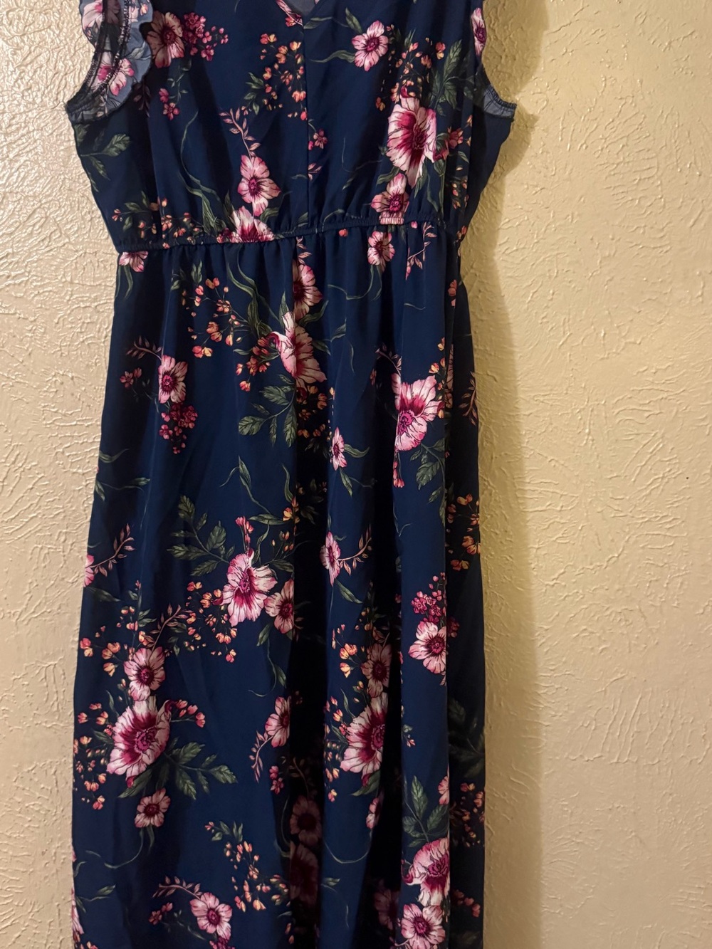 Navy Blue Floral Sleeveless Maxi Dress with Pink Blooms, Flutter Sleeve V-Neck